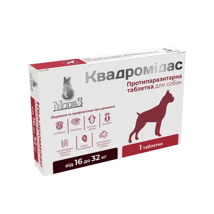 Квадромідас протипаразитарні таблетки для собак 16-32 кг, 1,6 г, MODES (від бліх, від кліщів, від гельмінтів)
