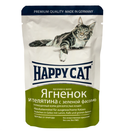 Вологий корм Happy Cat для котів з ягням і телятиною із зеленою квасолею, 0,1 кг, 1002307