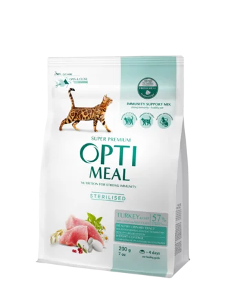 OPTIMEAL™. Повнораціонний сухий корм для стериліз. кішок та кастр. котів - індичка та овес 0,2 кг