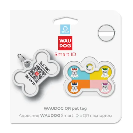 Адресник для собак і котів металевий WAUDOG Smart ID з QR паспортом, малюнок "Французький бульдог", кістка, Д 40 мм, Ш 28 мм: додаткове фото 5