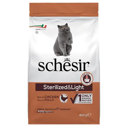 Schesir Cat Sterilized &amp; Light ШЕЗІР СТЕРИЛІЗОВАНІ ЛАЙТ КУРКА сухий монопротеїновий корм для стерилізованих котів, для котів схильних до повноти 0,4 кг