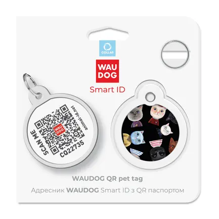Адресник для собак і котів металевий WAUDOG Smart ID з QR паспортом, малюнок "Коти", коло, Д 30 мм: додаткове фото 5