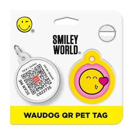 Адресник для собак і котів металевий WAUDOG Smart ID з QR паспортом, малюнок "Смайли на рожевому", коло, Д 30 мм: додаткове фото 5
