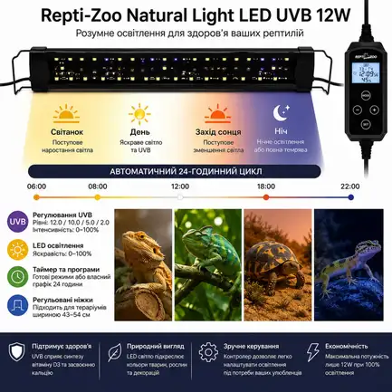 Світильник LED UVB Repti-Zoo Natural Light LED UVB 12W 43-54 см для тераріуму з контролером: додаткове фото 3