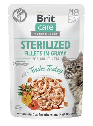 Корм вологий для стерилізованих котів Brit Care Cat Sterilized філе в соусі з індичкою, пауч, 85 г