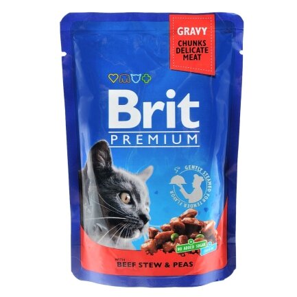 Вологий корм Brit Premium Cat Pouch для котів, з тушкованою яловичиною та горошком, 100 г