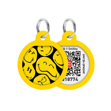 Адресник для собак і котів металевий WAUDOG Smart ID з QR паспортом, малюнок "Смайли на чорному", коло, Д 25 мм