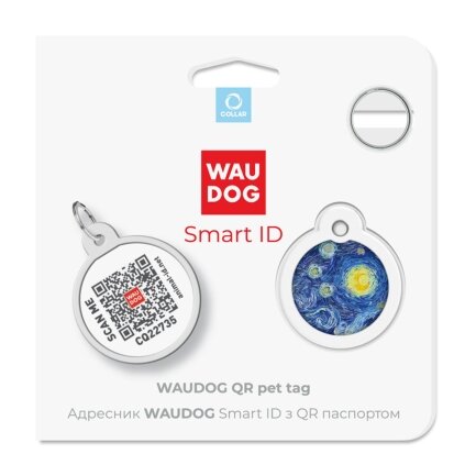 Адресник для собак та котів металічний WAUDOG Smart ID з QR паспортом, малюнок &quot;Водяні лілії&quot;, круг, Д 25 мм — Фото 4