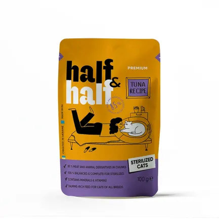 Корм вологий Half&Half для стерилізованих котів, шматочки з тунцем у соусі у формі пауча, 100 г