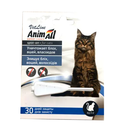 Краплі AnimAll VetLine Спот-Он проти бліх, вошей, волосоїдів, для котів від 4 до 10 кг, 1 мл