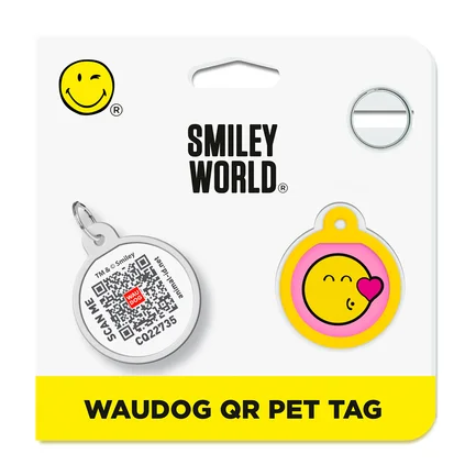 Адресник для собак і котів металевий WAUDOG Smart ID з QR паспортом, малюнок "Смайли на рожевому", коло, Д 25 мм: додаткове фото 5