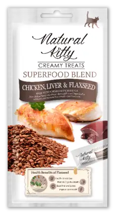 Natural Kitty Creamy Treats Chicken, Chicken liver & flaxseed Крем-снек для котів зі смаком курки, печінки та насіння льону, 4х12г