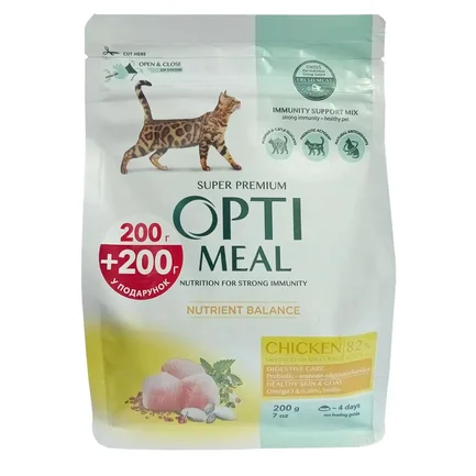 "OPTIMEAL™. Повнораціонний сухий корм для дорослих котів - курка (200+200), 0,4 кг