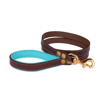 Повідець для Собак Шкіряний BronzeDog Premium з Литою Латунною Фурнітурою Коричнево-Блакитний S