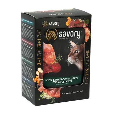 Набір вологих кормів Savory "3+1" для дорослих котів, ягня з буряком у соусі, паучі, 4 шт 85 г: додаткове фото 2