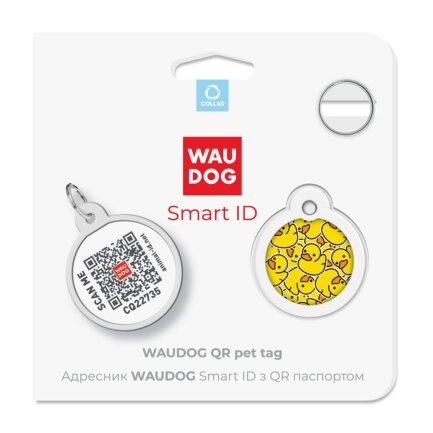 Адресник для собак та котів металічний WAUDOG Smart ID з QR паспортом, малюнок &quot;Уточки&quot;, круг, Д 25 мм — Фото 4