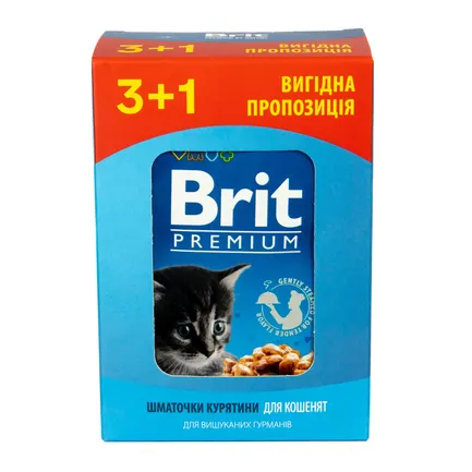 Набір паучів &quot;3+1&quot; для кошенят Brit Premium Cat pouch Chicken Chunks for Kitten з куркою, 4х100г — Фото 3