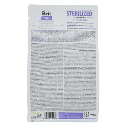 Сухий корм Brit Care Cat GF Sterilized Weight Control для стерилізованих котів з надмірною вагою, качка та індичка, 400 г: додаткове фото 3