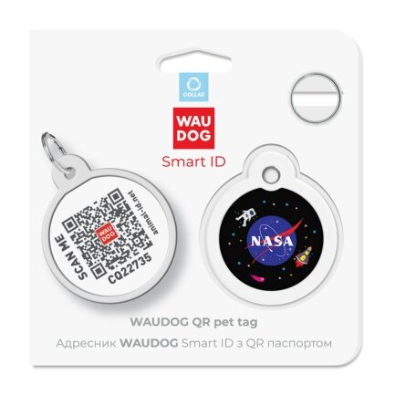 Адресник для собак і котів металевий WAUDOG Smart ID з QR паспортом, малюнок &quot;NASA&quot;, коло, Д 30 мм — Фото 4