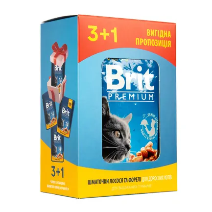 Набір паучів &quot;3+1&quot; для котів Brit Premium Cat pouch з лососем і фореллю, 4 х 100г — Фото 4