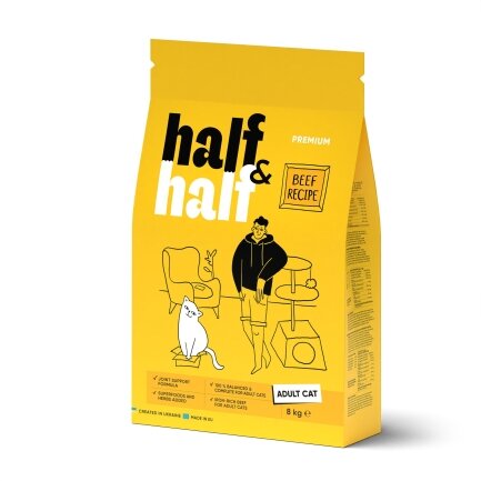 Сухий корм Half&amp;Half для дорослих котів, з яловичиною, 8 кг