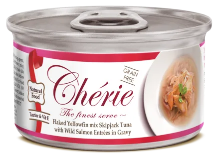 Cherie 80g Signature Gravy Flaked Yellowfin mix Skipjack Tuna with Wild Salmon Entrеes in Gravy вологий корм для котів з ніжними шматочками жовтоперого тунця та дикого лосося в соусі