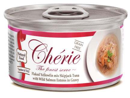 Cherie 80g Signature Gravy Flaked Yellowfin mix Skipjack Tuna with Wild Salmon Entrеes in Gravy вологий корм для котів з ніжними шматочками жовтоперого тунця та дикого лосося в соусі