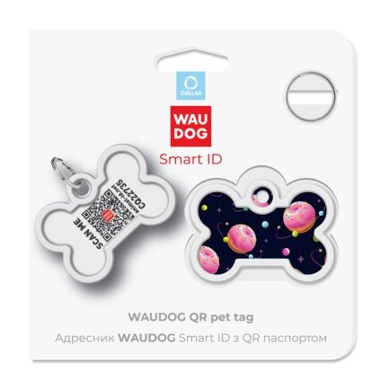 Адресник для собак і котів металевий WAUDOG Smart ID з QR паспортом, малюнок &quot;Всесвіт пончиків&quot;, кістка, Д 40 мм, Ш 28 мм — Фото 4
