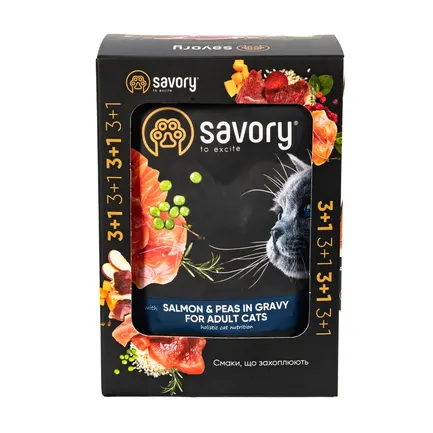 Набір паучів Savory Adult &quot;3+1&quot; для котів, лосось з горохом у соусі, 85 г — Фото 3