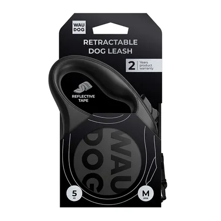 Повідець-рулетка для собак WAUDOG R-leash Monochrome Black, M, до 25 кг, 5 м, світловідбивна стрічка, чорна: додаткове фото 3