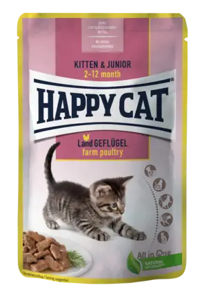 Вологий корм Happy Cat Kitten & Junior LandGeflügel у вигляді шматочків в cоусі для кошенят з птицею