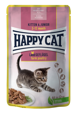 Вологий корм Happy Cat Kitten &amp; Junior LandGeflügel у вигляді шматочків в cоусі для кошенят з птицею