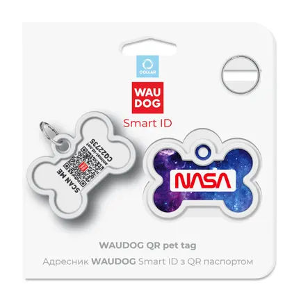 Адресник для собак і котів металевий WAUDOG Smart ID з QR паспортом, малюнок "NASA21", кістка, Д 40 мм, Ш 28 мм: додаткове фото 5
