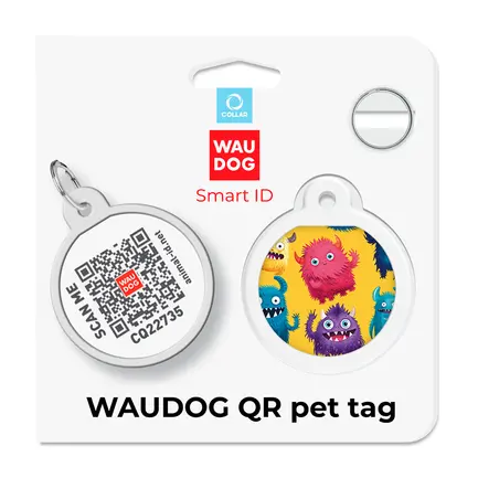 Адресник для собак і котів металевий WAUDOG Smart ID з QR паспортом, малюнок "Мохнаті монстри", коло, Д 25 мм: додаткове фото 5