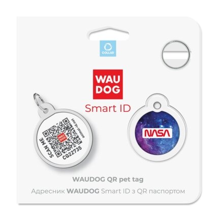 Адресник для собак і котів металевий WAUDOG Smart ID з QR паспортом, малюнок &quot;NASA21&quot;, коло, Д 25 мм — Фото 4