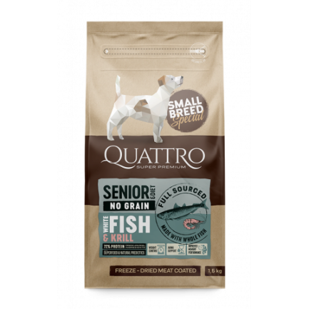 Quattro Senior&amp;Diet Fish Small Breed корм для собак дрібних порід від 10 років та собак з надмірною вагою з білою рибою та крилем 1,5 кг