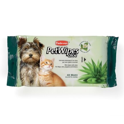 Pet Wipes Aloe/Очищаючі вологі серветки з алоє вера та зел. чаєм PADOVAN Pet Wipes Aloe 40 шт