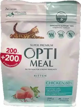 "OPTIMEAL™. Повнораціонний сухий корм для кошенят - курка (200+200), 0,4 кг