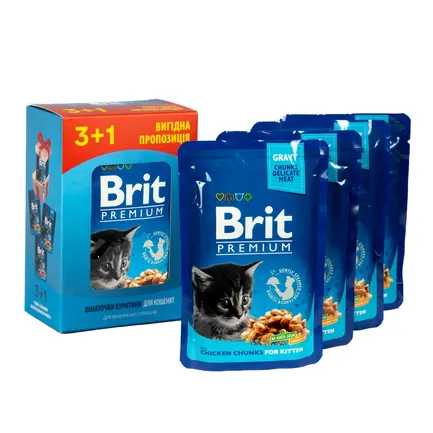 Набір паучів &quot;3+1&quot; для кошенят Brit Premium Cat pouch Chicken Chunks for Kitten з куркою, 4х100г — Фото 4