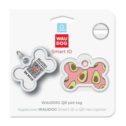 Адресник для собак і котів металевий WAUDOG Smart ID з QR паспортом, малюнок &quot;Авокадо 2&quot;, кістка, Д 40 мм, Ш 28 мм — Фото 4