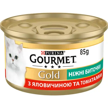 Вологий корм GOURMET Gold "Ніжні биточки" для дорослих котів з яловичиною та томатами 85 г