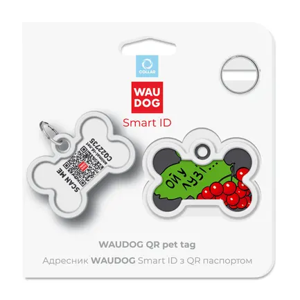 Адресник для собак і котів металевий WAUDOG Smart ID з QR паспортом, малюнок "Калина", кістка, Д 40 мм, Ш 28 мм: додаткове фото 5