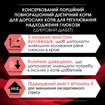 Вологий корм PRO PLAN VETERINARY DIETS DM ST/OX Diabetes Managment для дорослих котів для регулювання надходження глюкози (цукровий діабет) шматочки у підливці з куркою 85 г: додаткове фото 5