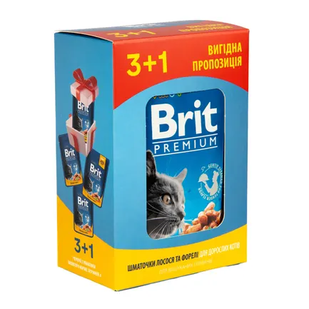 Набір паучів &quot;3+1&quot; для котів Brit Premium Cat pouch з лососем і фореллю, 4 х 100г