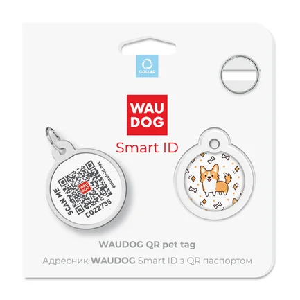 Адресник для собак та котів металічний WAUDOG Smart ID з QR паспортом, малюнок "Коргі", круг, Д 25 мм: додаткове фото 5