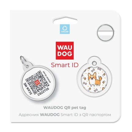 Адресник для собак та котів металічний WAUDOG Smart ID з QR паспортом, малюнок &quot;Коргі&quot;, круг, Д 25 мм — Фото 4