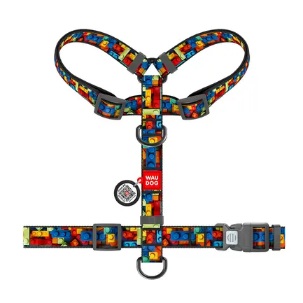 Шлея для собак анатомічна H-подібна WAUDOG Nylon з QR-паспортом, малюнок "Блоки", пластиковий фастекс, S, Ш 15 мм, A 30-40, B 30-50: додаткове фото 3