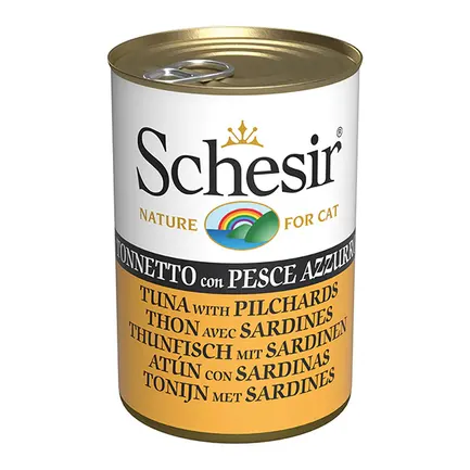 Schesir Tuna with Pilchards ШЕЗІР ТУНЕЦЬ З САРДИНОЮ в желе натуральні консерви для котів, вологий корм, банка 140г 0,14 кг