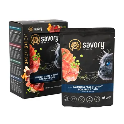 Набір паучів Savory Adult "3+1" для котів, лосось з горохом у соусі, 85 г: додаткове фото 2