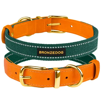 Нашийник для Собак Bronzedog Сotton Рефлекторний х/б+шкіра з Ремінною Пряжкою Зелений L